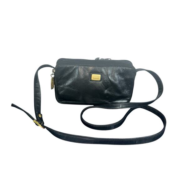 Tignanello Black Leather Crossbody Bag Adjustable Strap Gold Hardware - Picture 1 of 13
